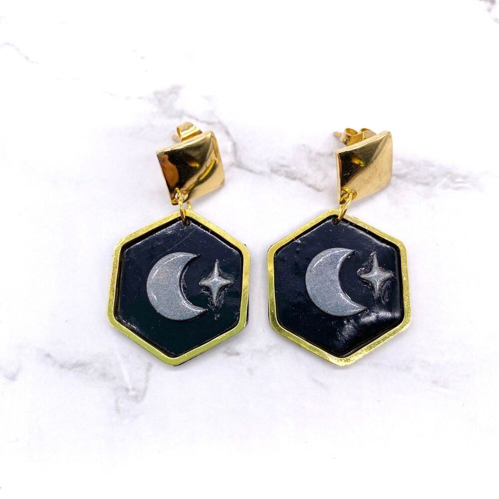 Black Holographic Celestial Crescent Moon Dangle Stud Earrings - Picture 6 of 15